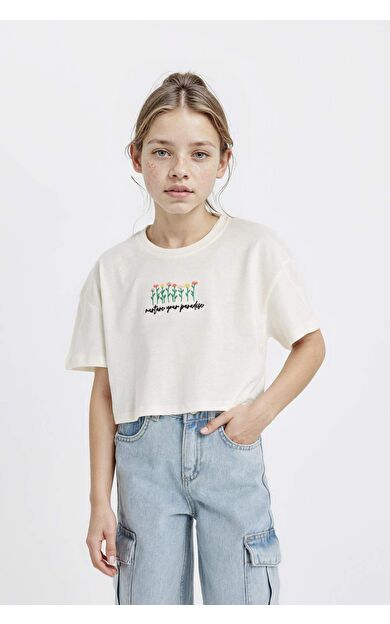DeFactoFit Kız Çocuk Crop Bisiklet Yaka Çiçekli Kısa Kollu Tişört D1593A824HSER99
