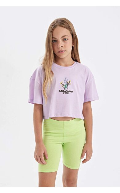 DeFactoFit Kız Çocuk Crop Bisiklet Yaka Çiçekli Kısa Kollu Tişört D1593A824HSPR143