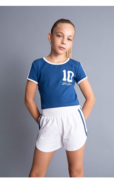 DeFactoFit Kız Çocuk Full Crop Bisiklet Yaka Slogan Baskılı Ribana Kısa Kollu Tişört D1624A824HSBE766