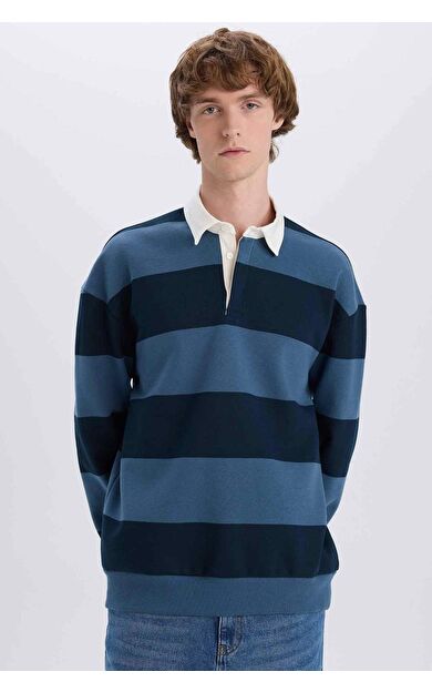 DeFacto Boxy Fit Polo Yaka Çizgili Sweatshirt D1784AX24WNIN257