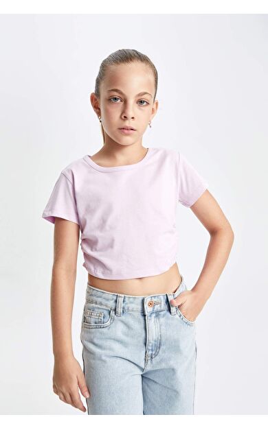 DeFactoFit Kız Çocuk Full Crop Bisiklet Yaka Basic Kısa Kollu Tişört