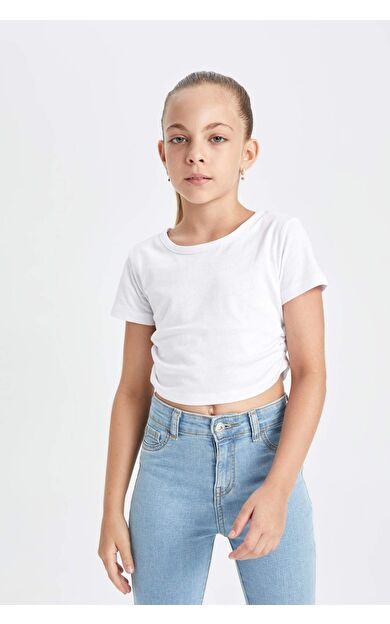DeFactoFit Kız Çocuk Crop Bisiklet Yaka Basic Kısa Kollu Tişört
