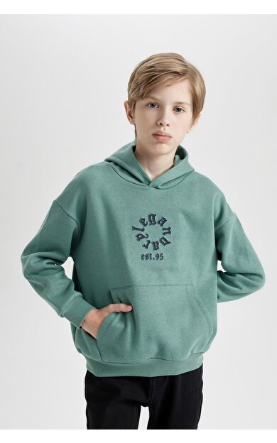 DeFacto Erkek Çocuk Yeşil Oversize Fit Geniş Kalıp Kapüşonlu Cepli Kalın Sweatshirt