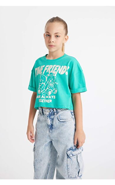 DeFactoFit Kız Çocuk Crop Bisiklet Yaka Baskılı Kısa Kollu Tişört D1962A824HSGN48