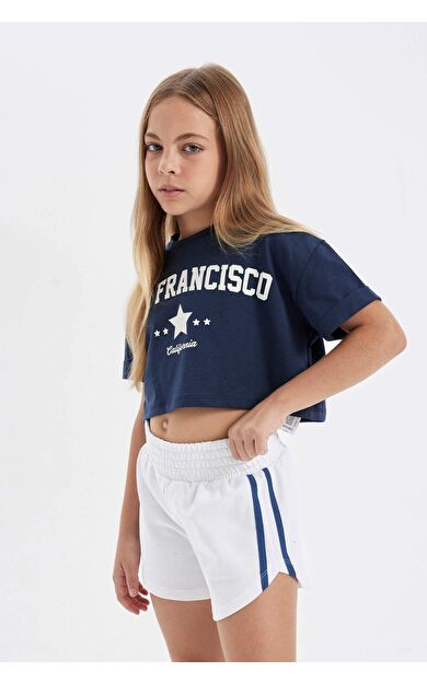 DeFacto DeFactoFit Kız Çocuk Crop Bisiklet Yaka Baskılı Kısa Kollu Tişört D1964A824HSNV82