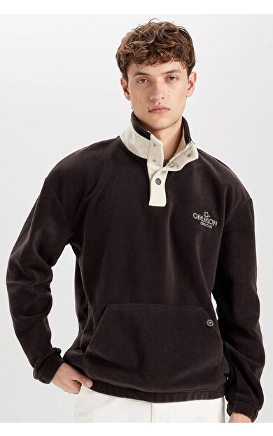 DeFacto Boxy Fit Çıtçıt Kapamalı Dik Yaka Nakışlı Polar Sweatshirt