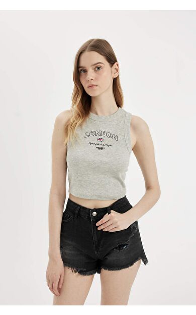 Fitted Baskılı Bisiklet Yaka Fitilli Kaşkorse Atlet