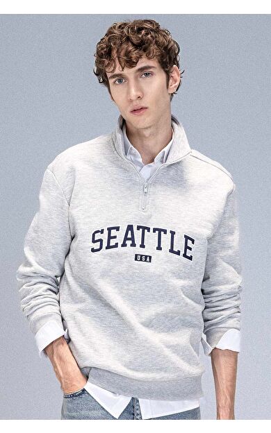 DeFacto Relax Fit Fermuarlı Dik Yaka Baskılı Kalın Sweatshirt Kumaşı Sweatshirt