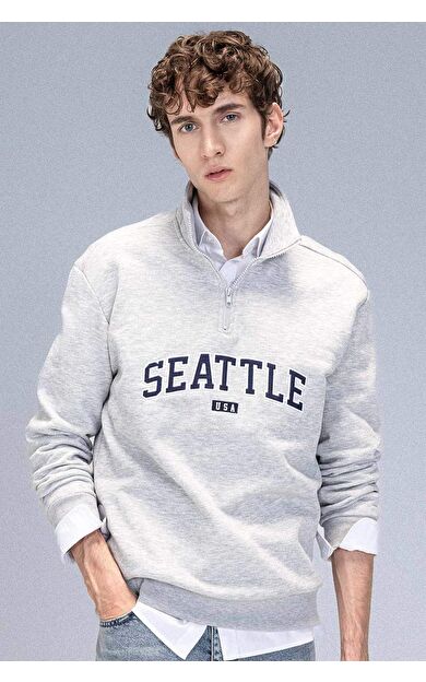 DeFacto Relax Fit Fermuarlı Dik Yaka Baskılı Kalın Sweatshirt Kumaşı Sweatshirt