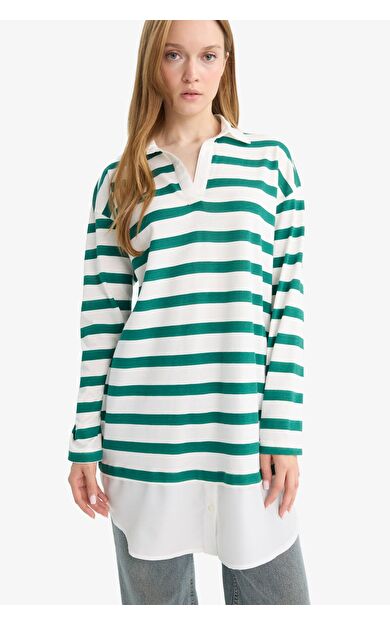 DeFacto Regular Fit Polo Yaka Çizgili Uzun Kollu Sweatshirt Tunik