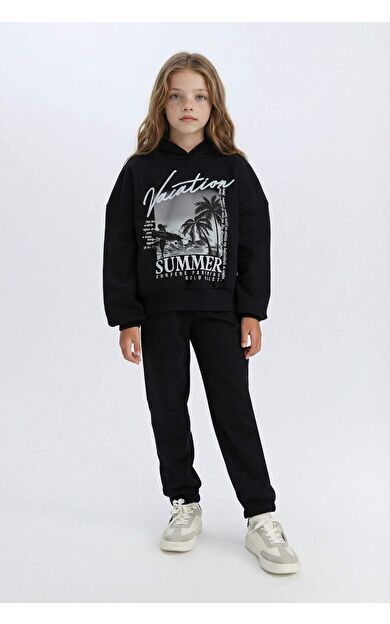 DeFacto Kız Çocuk 2'li Takım Kapüşonlu Baskılı Sweatshirt Beli Lastikli Jogger Alt