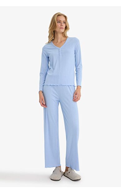 DeFacto Pijama Takımı Regular Fit Ribana Uzun Kollu Üst Uzun Alt-Fall in Love