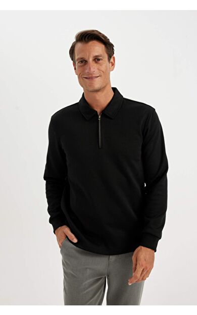 DeFacto Regular Fit Polo Yaka Yarım Fermuarlı Basic Düz Sweatshirt D2279AX24AUBK81