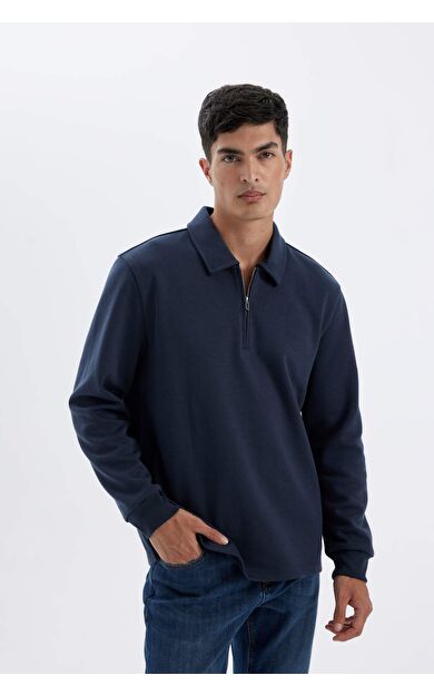 DeFacto Regular Fit Polo Yaka Yarım Fermuarlı Basic Düz Sweatshirt D2279AX24AUNV125