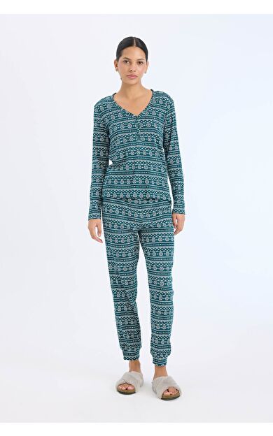 DeFacto Fall in Love Yılbaşı Temalı Pijama Takımı Waffle Kumaş Uzun Kollu Pijama Üstü Esnek Belli Uzun Pijama Altı