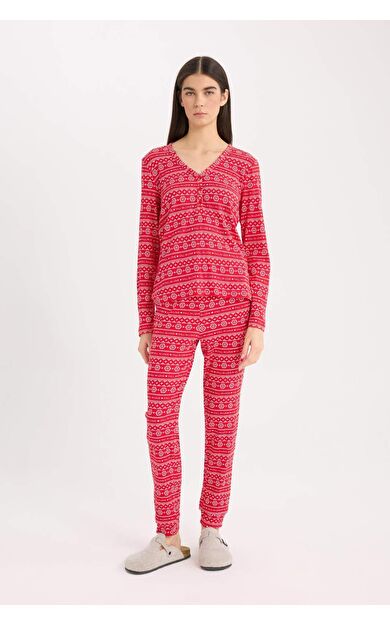 Fall in Love Yılbaşı Temalı Pijama Takımıı Waffle Kumaş Uzun Kollu Pijama Üstü Esnek Belli Uzun Pijama Altı