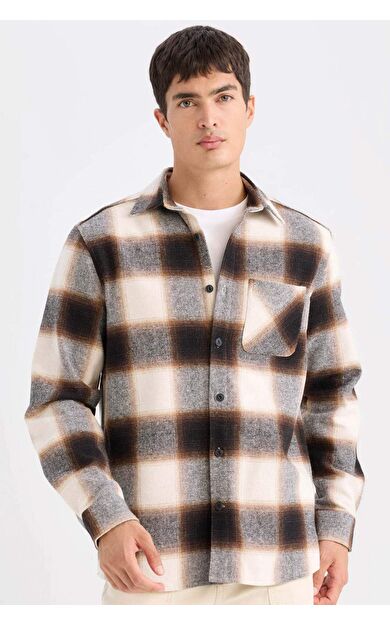DeFacto Regular Fit Polo Yaka Kareli Flanel Uzun Kollu Gömlek D2320AX24AUBN279