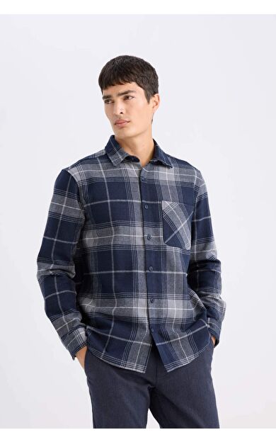 DeFacto Regular Fit Polo Yaka Kareli Flanel Oduncu Uzun Kollu Gömlek