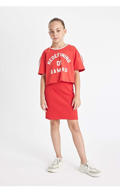 DeFacto Kız Çocuk Fitilli Kaşkorse Elbise Baskılı Tişört 2'li Takım