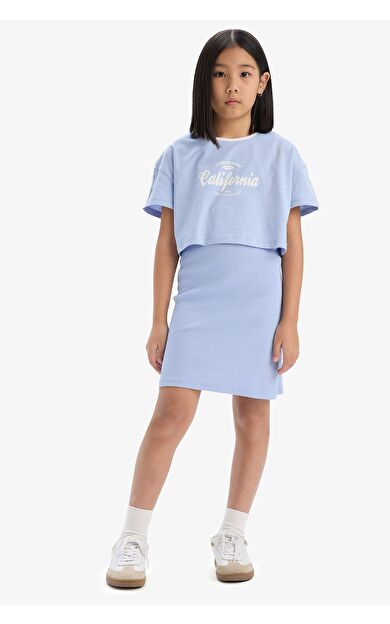 Kız Çocuk 2'li Takım Fitilli Kaşkorse Elbise Baskılı Kısa Kollu Tişört