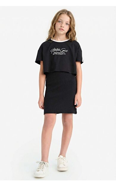 Kız Çocuk Bisiklet Yaka Fitilli Kaşkorse Baskılı Kısa Kollu Elbise