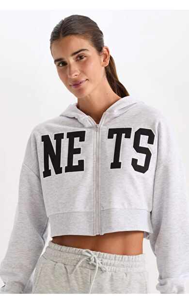 DeFacto DeFactoFit NBA Brooklyn Nets Crop Fermuarlı Kalın Kumaş Sweatshirt Hırka