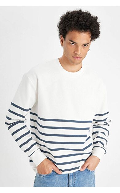 DeFacto DeFactoFit Comfort Fit Bisiklet Yaka Çizgili Sweatshirt