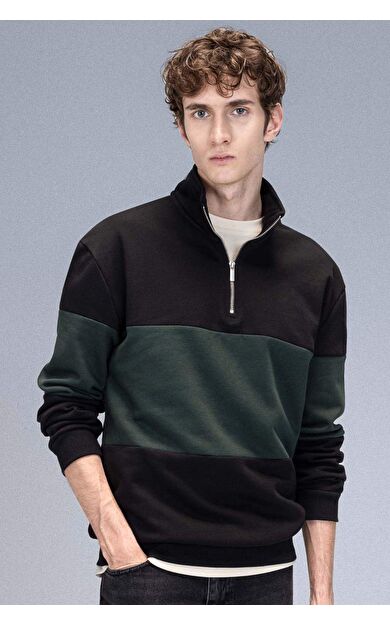 DeFacto Comfort Regular Fit Rahat Kalıp Dik Yaka Fermuarlı Çizgili Kalın Sweatshirt