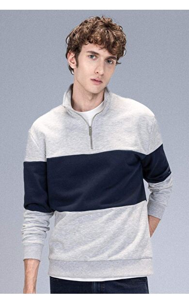 DeFacto Comfort Regular Fit Rahat Kalıp Dik Yaka Çizgili Kalın Sweatshirt