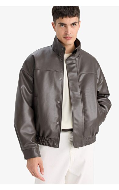 Su İtici Oversize Geniş Kalıp Dik Yaka Suni Deri Mont