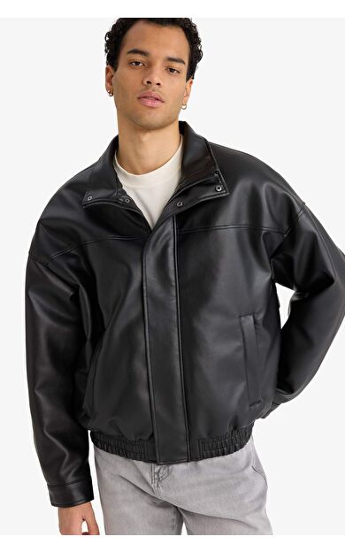 Oversize Geniş Kalıp Dik Yaka Suni Deri Mont