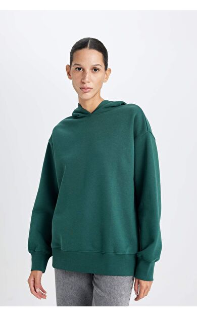 Boxy Fit Kapüşonlu Basic Düz Kalın Sweatshirt Kumaşı Sweatshirt
