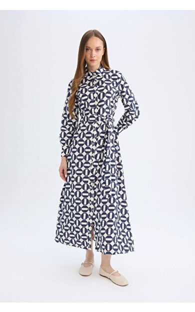 Gömlek Yaka Baskılı Uzun Kollu Maxi Elbise