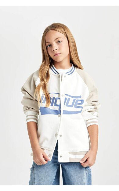 DeFacto Kız Çocuk Kolej Yaka Baskılı Kalın İçi Yumuşak Tüylü Bomber Hırka