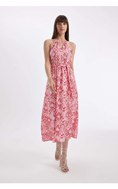 Halter Yaka Baskılı Kolsuz Maxi Elbise
