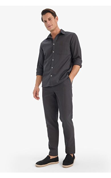 DeFacto %100 Pamuk Slim Fit Dar Kesim Beli Lastikli Keten Görünümlü Cepli Düz Paça Jogger Pantolon