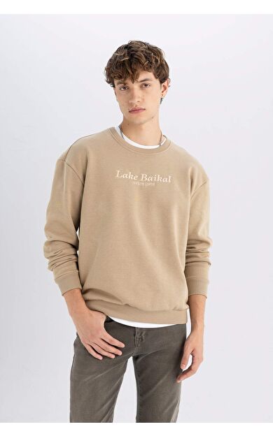 Boxy Fit Bisiklet Yaka Baskılı Sweatshirt