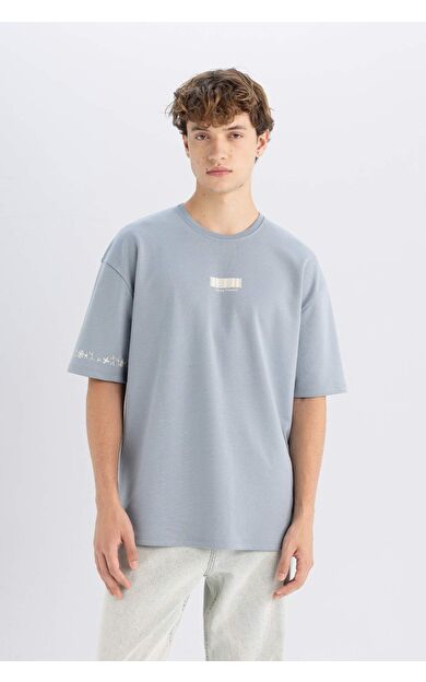 Oversize Fit Bisiklet Yaka Baskılı Ağır Kumaş Tişört