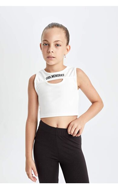 DeFactoFit Kız Çocuk Bisiklet Yaka Slogan Baskılı Atlet