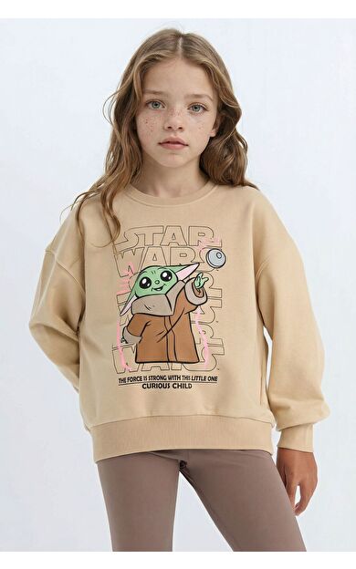 DeFacto Kız Çocuk Star Wars-Mandalorian Relax Fit Bisiklet Yaka Sweatshirt