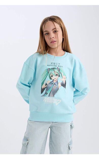 DeFacto Kız Çocuk Hatsune Miku Oversize Fit Geniş Kalıp Bisiklet Yaka Sweatshirt