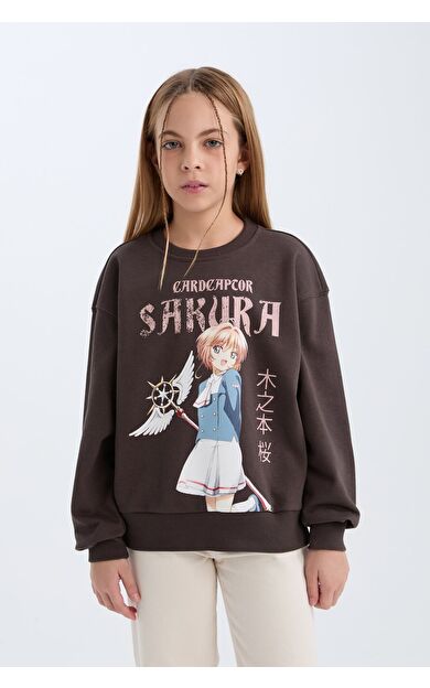 DeFacto Kız Çocuk Sakura Oversize Geniş Kalıp Bisiklet Yaka Sweatshirt