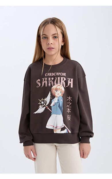DeFacto Kız Çocuk Sakura Oversize Geniş Kalıp Bisiklet Yaka Sweatshirt