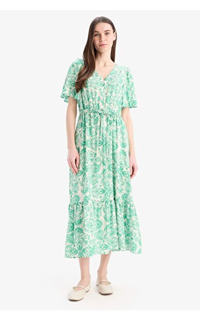 V Yaka Dsenli Bağcıklı Kısa Kollu Midi Elbise