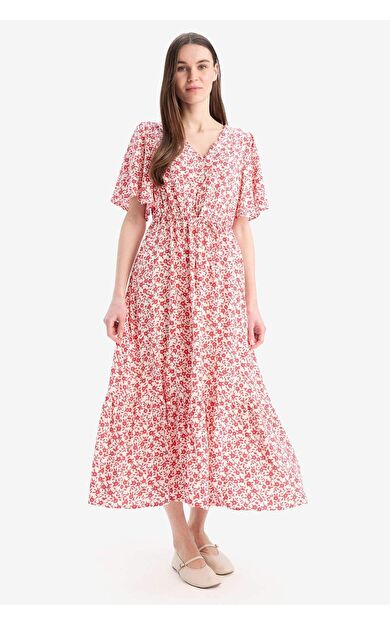 V Yaka Dsenli Bağcıklı Kısa Kollu Midi Elbise