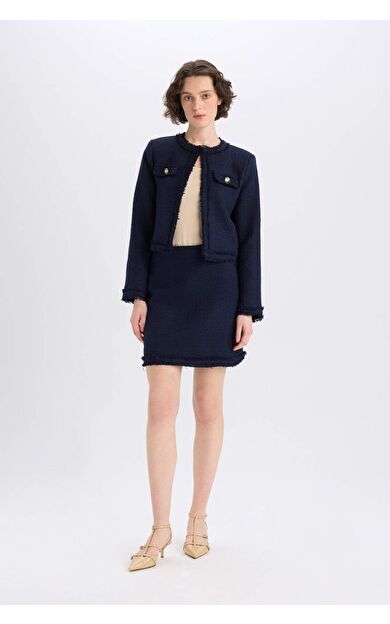 A Kesim Yüksek Bel Basic Düz Tweed Mini Etek