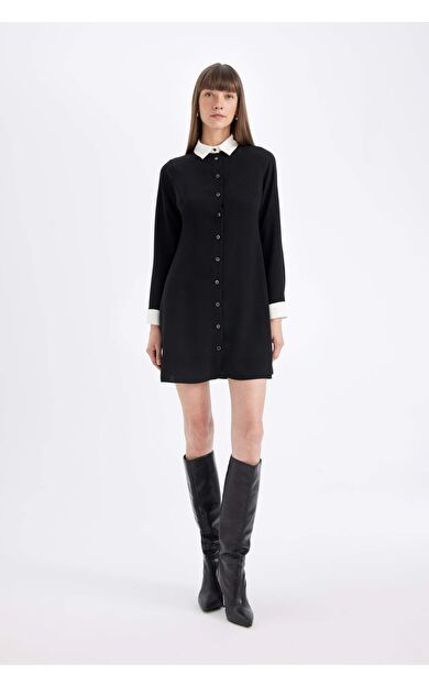 Krep Uzun Kollu Mini Elbise