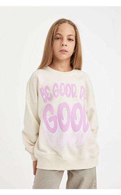 DeFacto Kız Çocuk Oversize Fit Bisiklet Yaka Slogan Baskılı Sweatshirt D2880A824WNER233