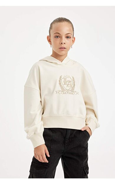 DeFacto Kız Çocuk Oversize Fit Kapüşonlu İşlemeli Kalın Sweatshirt Kumaşı Sweatshirt