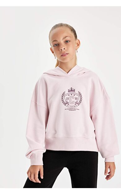 DeFacto Kız Çocuk Oversize Fit Geniş Kalıp Kapüşonlu İşlemeli Kalın Sweatshirt Kumaşı Sweatshirt